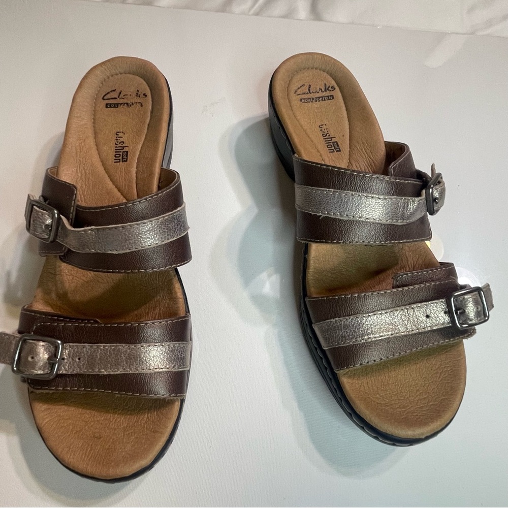 Clarks Collection Womens Slides‎ Sandals Brown Double Strap Buckle Cushioned 9.5